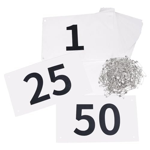 Running Bib Numbers 1-50 - Waterproof Tyvek Paper Tags with Safety Pins - Black & White