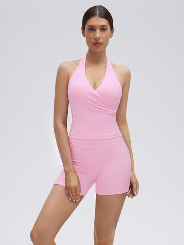 Pink Women 2-Piece Halter Workout Set with Open Back Padded Tank & High-Waisted Biker Shorts