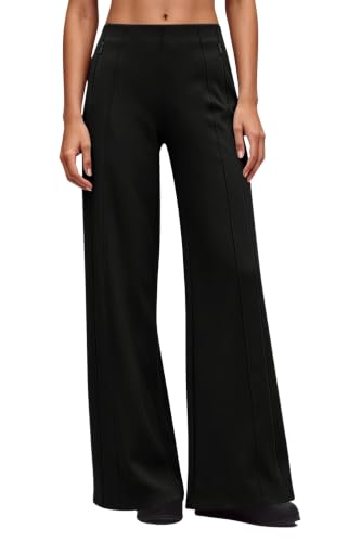 QINSEN Women's High-Waisted Wide Leg Yoga Pants with Zipper Pockets - Long 31.5", Black, Medium