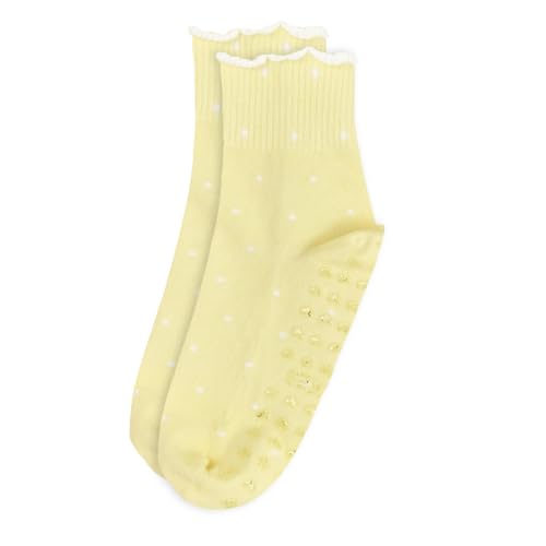 Non-Slip Women's Pilates Grip Socks - Polka Dot Heart - Yellow - 1 Pair