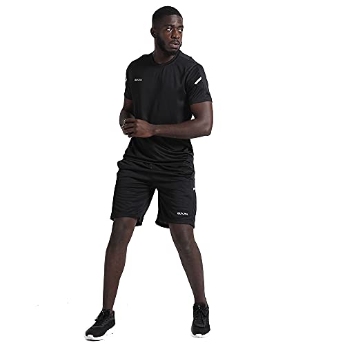 BUYJYA Men's Athletic Shorts & Shirt Set 3 Pack - Basketball Football Gym Workout (Large, Black/White/Grey)