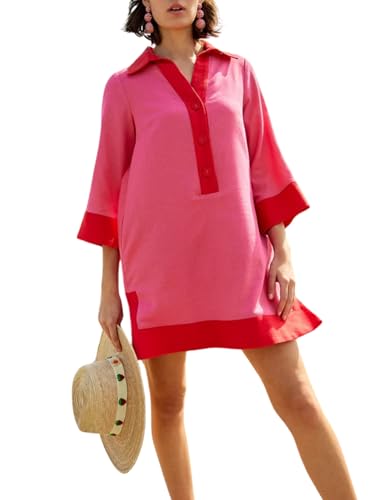 Color Block Mini Dress Coverup for Women - Red, Large