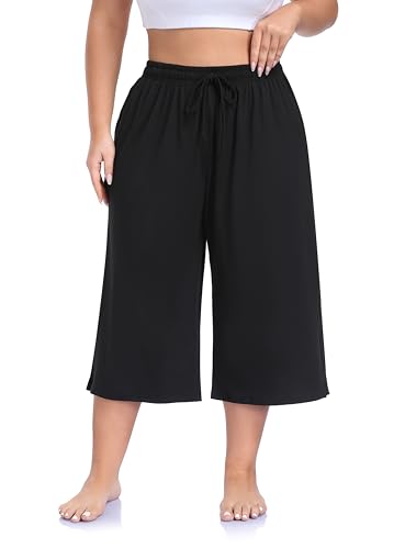 ZERDOCEAN Women's Plus Size Black Wide Leg Capri Pants - Loose Yoga Lounge with Pockets, 4X