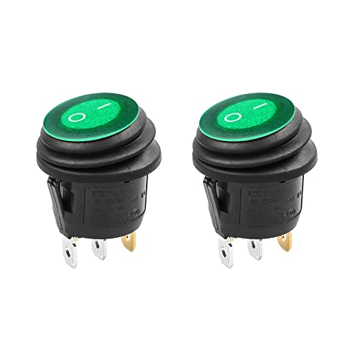 2 Pcs Green LED Round SPST Rocker Switch - Waterproof