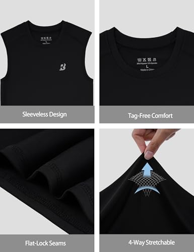 Boys Sleeveless Compression Shirt - Quick-Dry Athletic Tank Top, Large Black