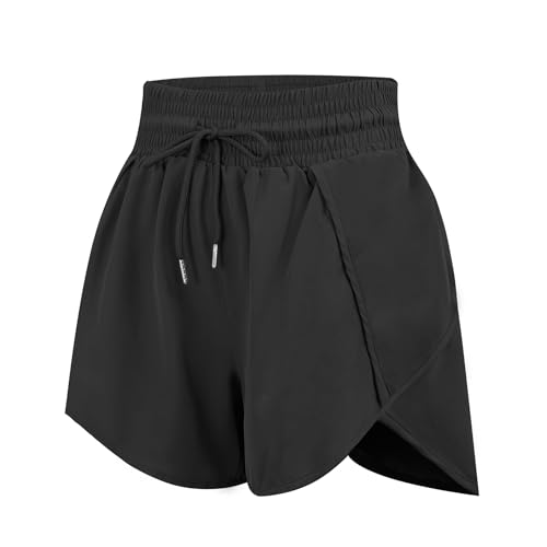 High Waisted Running Shorts for Women - Quick Dry, Liner, Zipper Pocket - Small, Black