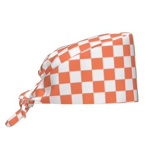 Checkerboard Scrub Cap for Women & Men - White Orange Squares
