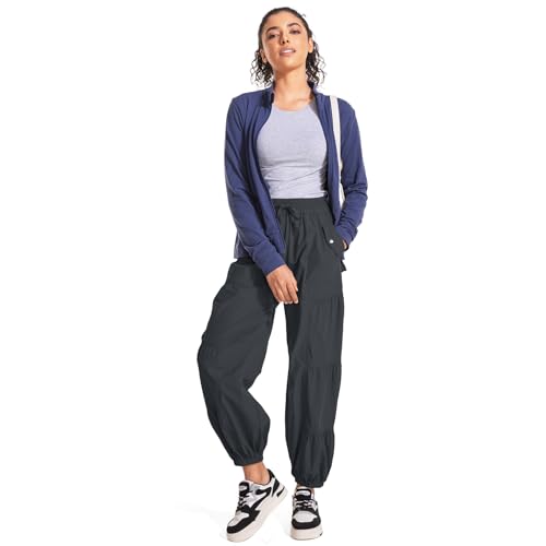 Cargo Pants for Women - Elastic Waist Wide Leg with 4 Pockets - Dark Grey, Medium