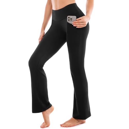 SINOPHANT Flare Leggings for Women with Pockets, Petite 28" Inseam, Medium, Black