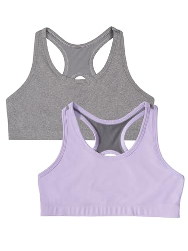 Fruit of the Loom Girls' Stay Dry Racerback Sports Bra - Medium, Stellar Orchid W Grey/Charcoal (2-Pack)