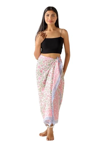 AUZURE Green Floral Cotton Sarong Cover Up for Women - 73" x 43"