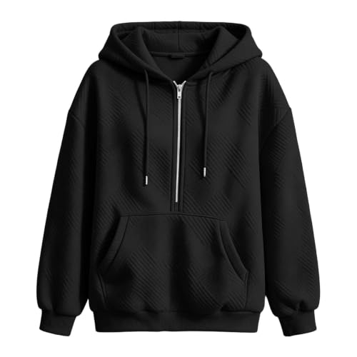 Geometric Jacquard Half Zip Hoodie - Women's Casual Pullover - Large/Black