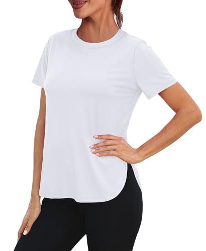 Women's UPF 50+ Short Sleeve Workout Top - Quick Dry, White/Large