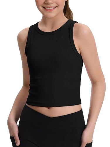 Kids Athletic Tank Top - Sleeveless Ribbed Crop Top, 9-10 Years / Black