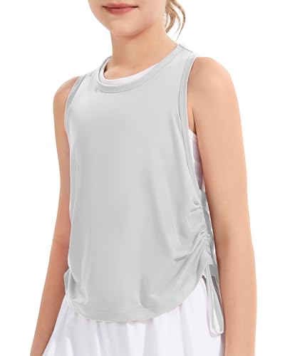 Girls Athletic Tank Top - Drawstring Ruched Racerback, Light Grey, 7-8 Years