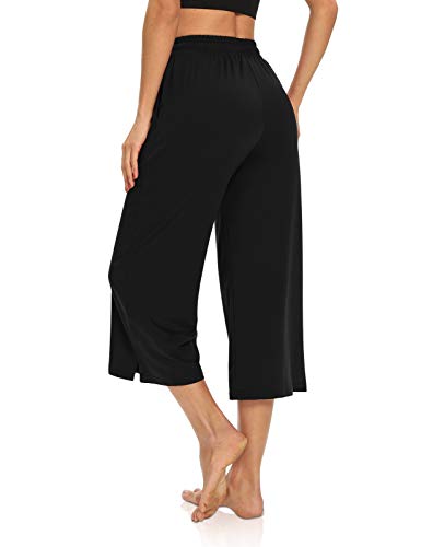 DIBAOLONG Women's Large Black Capri Pants - Loose Yoga & Lounge Wide Leg Sweatpants with Pockets