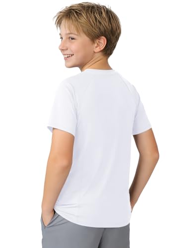 Boys Compression Shirt - Athletic Football Short Sleeve, 9-10 Years - White