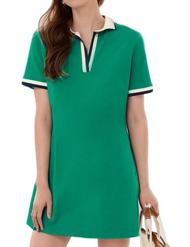 Kissonic Women's Polo Dress Short Sleeve Tennis Golf Summer Casual with Pocket - Green, Large