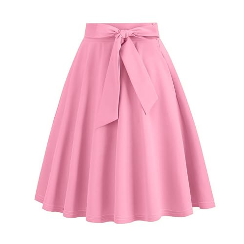 A-Line Swing Vintage Skirt with Bow Tie - High Waist Midi in Pink, Medium