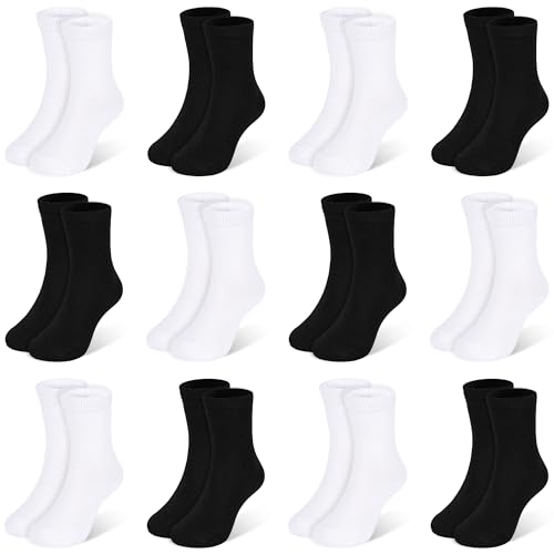 Kids Crew Socks - 12 Pairs for Toddlers 4-7 Years - Black & White