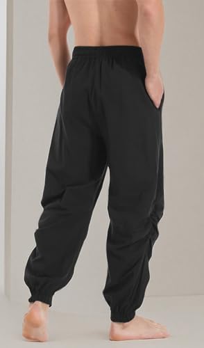 PACEIADTA Men’s Casual Cotton Linen Joggers 34 Black Elastic Waist Drawstring