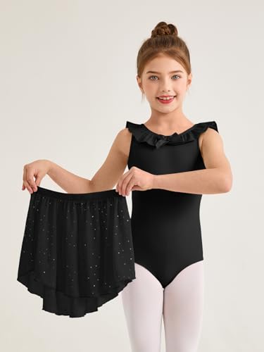 Girls Ballet Leotard with Ruffle Trim & Removable Skirt - Black, 5-6 Years