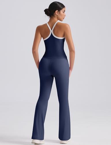 VVX Women 2 Piece Workout Sets Navy Blue Contrast Trim Small High Waisted Flare Leggings & Tank Top