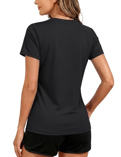 Women's Short Sleeve Workout Shirt - UPF 50+ Sun Protection, Quick Dry Athletic Tee - Black, Medium