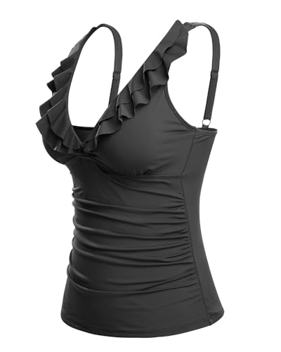 Yonique Women's Large Black Ruffle V Neck Tankini Top with Tummy Control - Swimsuit Bikini Top