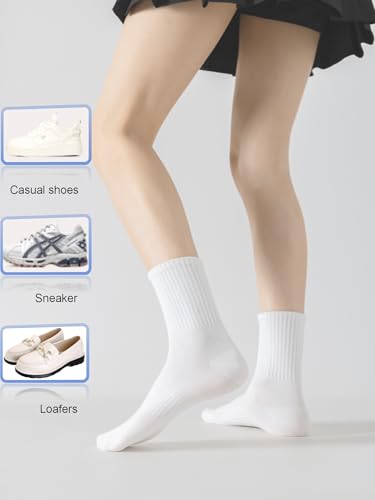 YUWELL Women's Cotton Crew Socks 4 Pairs Size 5-10 White Striped, One Size