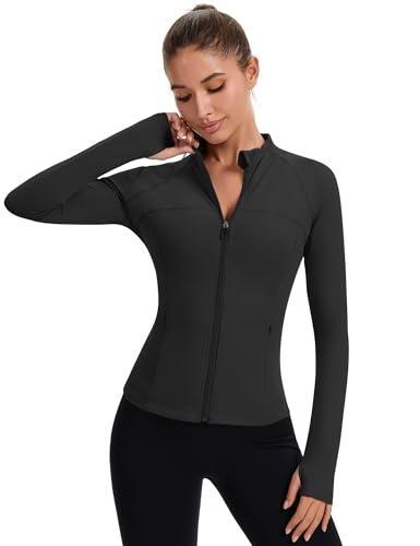 Slim Fit Women's Full Zip Workout Jacket with Thumb Holes - Black, Medium