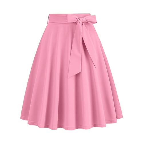 A-Line Swing Vintage Skirt with Bow Tie - High Waist Midi in Pink, Medium