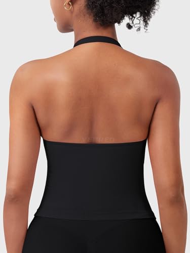 Women's Longline Backless Halter Tank Top with Built-in Bra - Medium Black