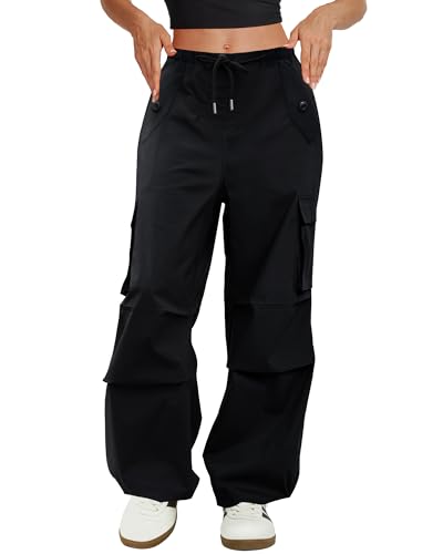 COPYLEAF Women's Cargo Pants Parachute Hiking Pants Baggy Y2K Black Medium