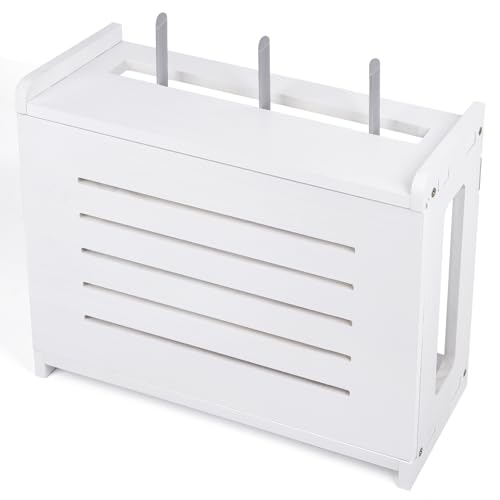 Router Shelf Wall Mount WiFi Router Storage Box Modem Cable Router Cover Organized Power Strip Cable Management Hider Rack by Solid Wood Need Assembly White