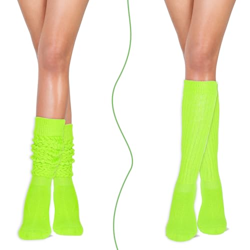 Slouch Socks for Women - 80s Neon Scrunch Socks - Fluorescent Green & Rose Red