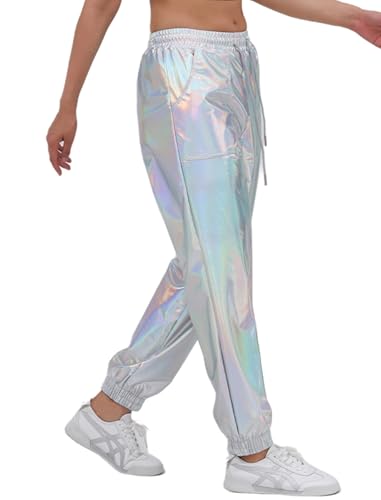 ABEHIK Large Silver Women's Wide Leg Metallic Sparkle Cargo Pants High Waist Joggers