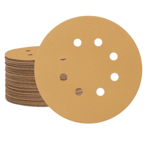 5 Inch 8 Hole Sanding Discs Hook and Loop, 50 PCS 220 Grit Sand Paper Disc for Random Orbital Sander, Gold Sandpaper Pads for Automotive and Woodworking