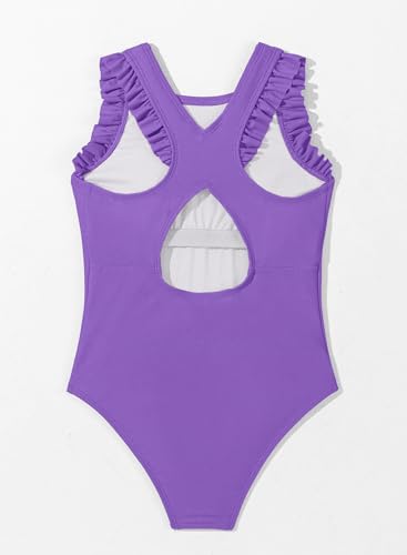 Purple 12-13 Years Girls Swimsuit with Ruffle Sleeveless One-Piece Summer Bathing Suit