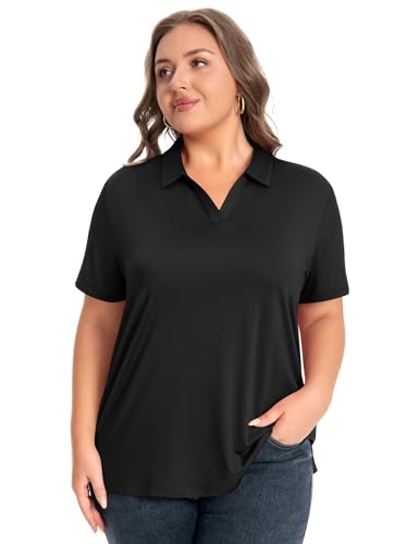 Idtswch Women's Plus Size Black 2X V-Neck Short Sleeve Golf Polo UPF 50+ Quick Dry