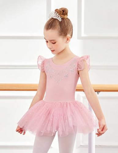 Zaclotre Ballet Leotards for Girls Ruffle Sleeve Shiny Dance Tutu
