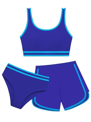 3-Piece Girls' High Waist Bikini Set with Shorts - Navy, 10 Years