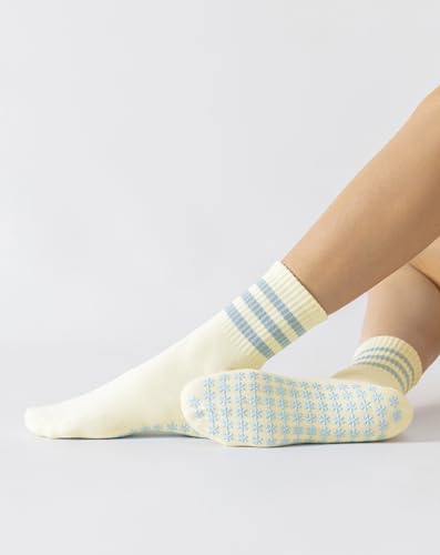 Yawlsow Cute Ruffle Pilates Grip Socks, Non-Slip Crew Socks for Women, 1 Pack, Three Stripes Blue