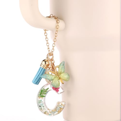 Bottle Chain for Tumbler with Letter C Charm, Butterfly and Tassel - Letter C