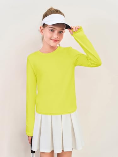 Long Sleeve Athletic Yoga Top for Girls - Lightweight Crewneck Tee with Thumb Holes - Yellow, 13-14 Years
