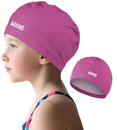 Kids Swim Cap - Purple Soft Fabric Hat for Long Hair, Ages 3-14