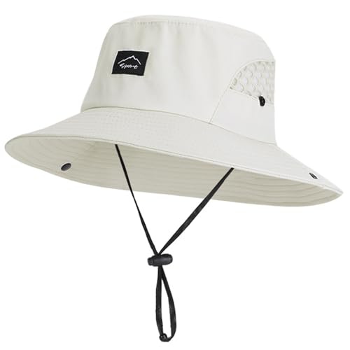 UPF 50+ Wide Brim Fishing Bucket Hat - Mesh Sun Hat - Beige