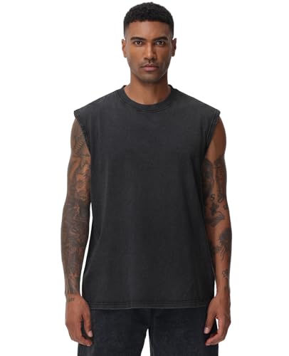 Men's Sleeveless Workout Tank Top - Acid Wash Loose Fit Tee