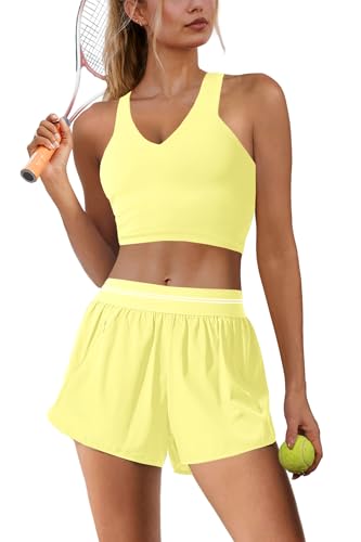 Nirovien Women's Lemon Yellow 2-Piece Workout Set - Cropped Tank & Shorts, Small
