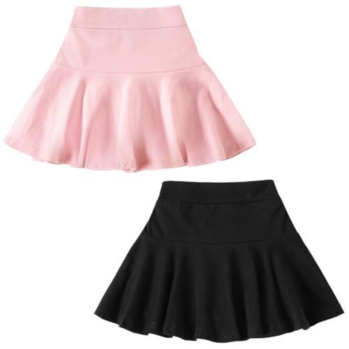 Girls Pleated Tennis Skirts with Built-in Shorts - Toddler & Little Kids Athletic Skorts, 7-8 Years, Black/Pink - DREAM BUS 2 Pack